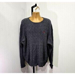 Vtg Ralph Lauren Cable Knit Crest Logo Embroidered Grandpa Sweater Mens XL Gray
